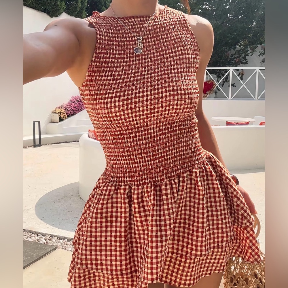 Smocked Gingham Sleeveless Mini Dress in Rust Check
